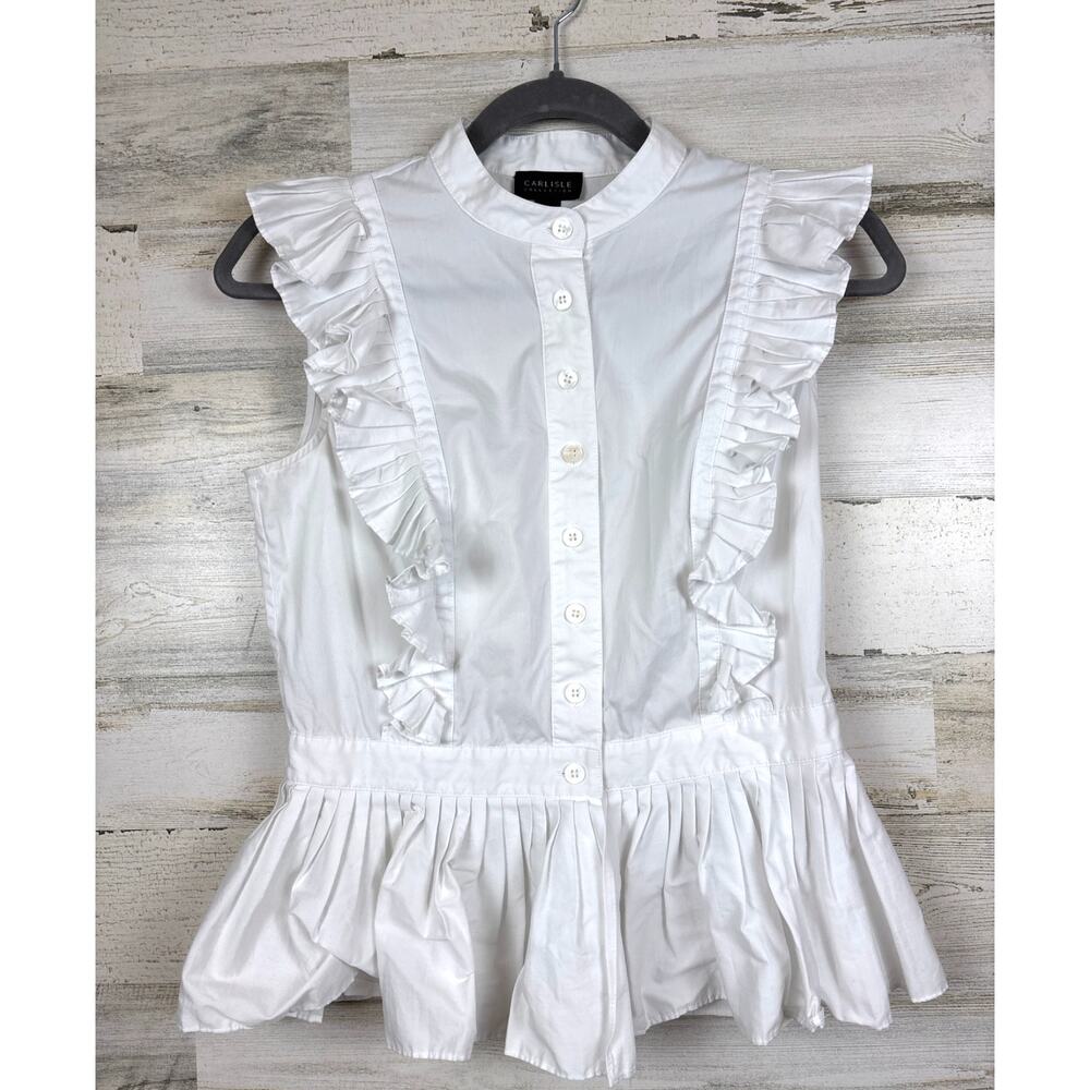 Carlisle Womens 4 White Sleeveless Button-Up Lightweight Ruffle Workwear Blouse